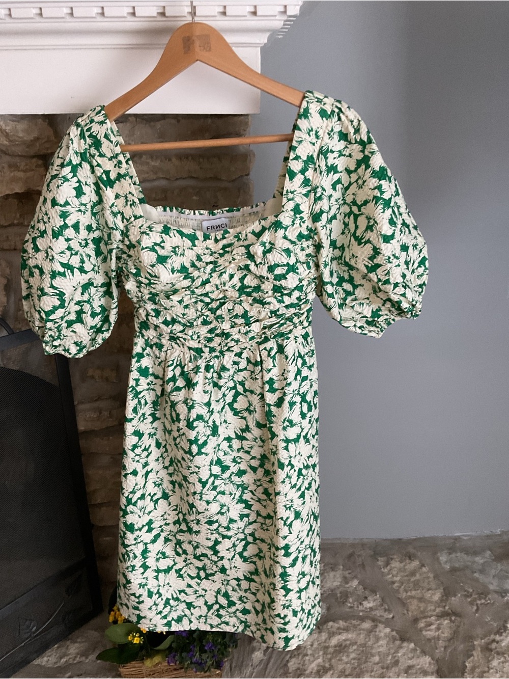 FRNCH Green and Cream Floral Puff-Sleeve Mini Dress